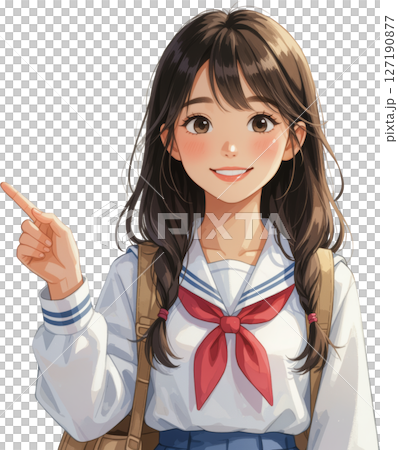 笑顔で横を指さすセーラー服の女子学生（背景透過） 127190877