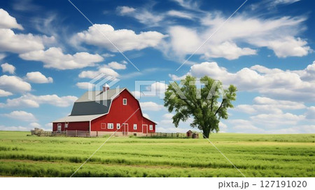Minnesota Farmland: Lush Green Fields Under a Cloudy Blue Sky. Generative ai Minnesota Farmland: Lush Green Fields Under a Cloudy Blue Sky. Generative ai 127191020
