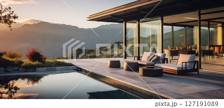 Luxury Villa with Mountain Views: Modern Minimalist Glamping. Generative ai 127191089