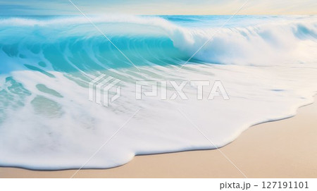 Seaside Serenity: Beautiful Sandy Beach with Soft Blue Ocean Waves. Generative ai 127191101