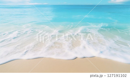 Seaside Serenity: Beautiful Sandy Beach with Soft Blue Ocean Waves. Generative ai 127191102