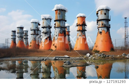 Fukushima Nuclear Plant Chimneys Overview. Generative ai 127191293