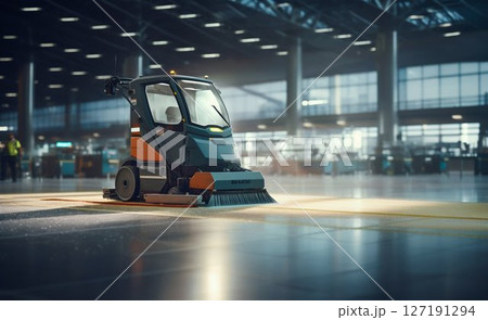 Airport Runway Cleaning with Sweeper Machine. Generative ai 127191294