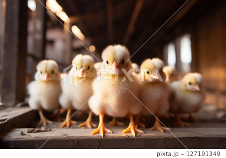 Tiny Flock: Group of Chicks Thriving Indoors in Farm Yard. Generative ai 127191349