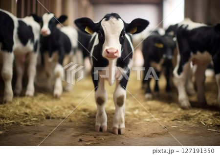 Budding Bovines: Group of Calves Flourishing Indoors in Farm Yard. Generative ai 127191350