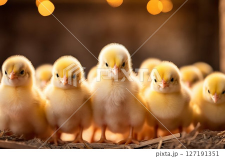 Tiny Flock: Group of Chicks Thriving Indoors in Farm Yard. Generative ai 127191351
