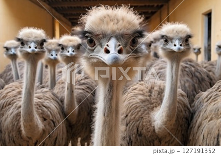Feathered Gathering: Ostrich Group Graces the Farm Yard Indoors. Generative ai 127191352