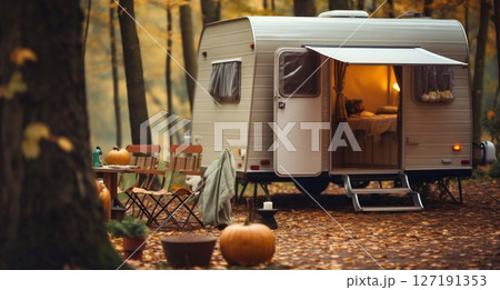 Forest Retreat: Cozy Trailer Camping in Autumn Setting. Generative ai 127191353