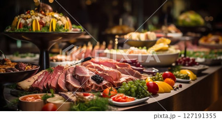 Vibrant Buffet Spread: Catering Delights in Restaurant Setting. Generative ai 127191355