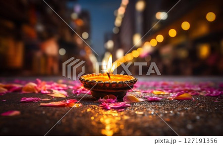 Diwali Delight: Night Street Illuminated by Lit Diya Lamps. Generative ai 127191356
