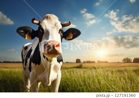 Sunny Pasture: Cow Grazing on Lush Green Field. Generative ai 127191360