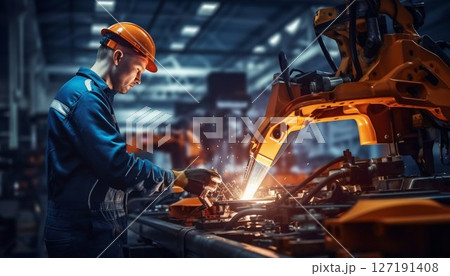 Harnessing Technology: Engineer Oversees Robotic Welding in Smart Factory. Generative ai 127191408