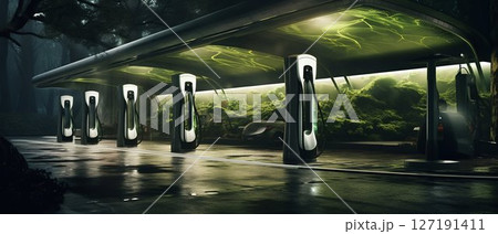 Revolutionizing Travel: Fast Electric Vehicle Chargers in Park. Generative ai 127191411