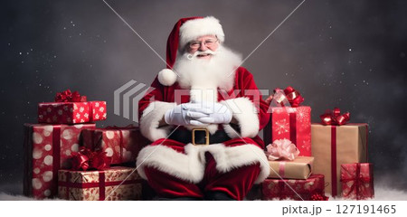 Jolly Moments: Santa Claus Seated with a Trove of Gifts. Generative ai 127191465