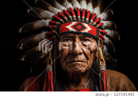 Legacy Preserved: Elder Native American in Apache Chief Headdress. Generative ai 127191485