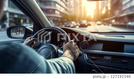 Driving View: Hands on the Steering Wheel during Daytime. Generative ai 127191540