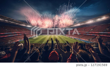 Euphoric Fans Celebrate in Soccer Stadium. Generative ai 127191569