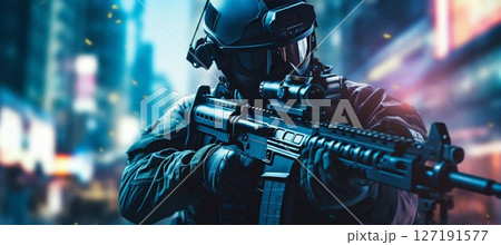Elite Forces: Tech-Equipped Soldier Patrols the Night City. Generative ai 127191577