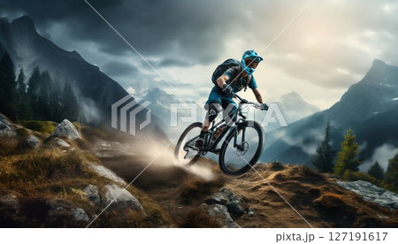 Trailblazer: Woman Mountain Biking Through Summer Forest Vistas. Generative ai 127191617