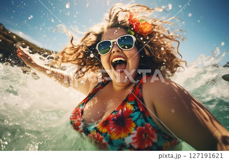 Confident Plus-Size Beauty Radiating Joy in a Bikini. Generative ai 127191621
