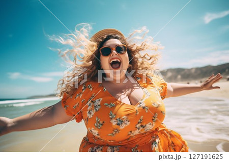 Confident Plus-Size Beauty Radiating Joy in a Bikini. Generative ai 127191625