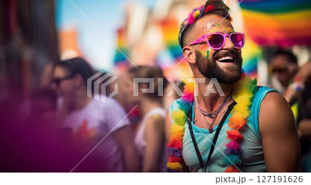 Joyful Gay Man Celebrating Pride Month with Enthusiasm. Generative ai 127191626
