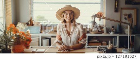 Joyful Woman Enjoying Her Time at Home Office Workspace. Generative ai 127191627