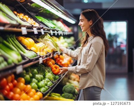 Young Woman Selecting Fresh Produce at Supermarket. Generative ai 127191673