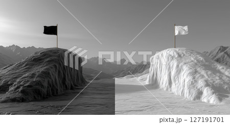 Black flag and white flag on separate hills, dramatic border dispute landscape, contrast between dark and light, mountains in background 127191701