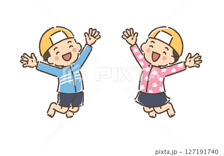 笑顔でジャンプしている水着の男の子と女の子 笑顔でジャンプしている水着の男の子と女の子 127191740