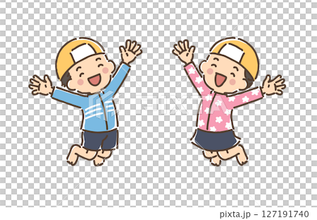 Boys and girls in swimsuits jumping with smiles Boys and girls in swimsuits jumping with smiles 127191740
