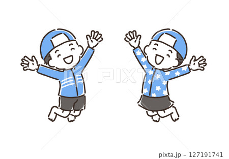 笑顔でジャンプしている水着の男の子と女の子 笑顔でジャンプしている水着の男の子と女の子 127191741