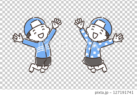 Boys and girls in swimsuits jumping with smiles Boys and girls in swimsuits jumping with smiles 127191741