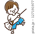 ホウキをギターの代わりにして演奏の真似をするコミカルな男の子のイラスト 127191977