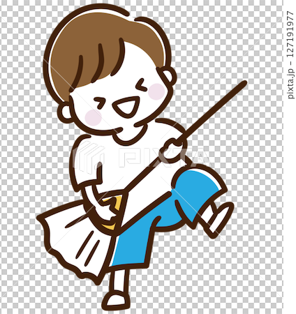 ホウキをギターの代わりにして演奏の真似をするコミカルな男の子のイラスト 127191977