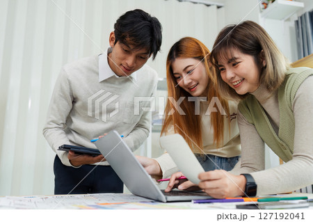Close up ux developer and ui designer brainstorming interface wireframe design.Creative digital development agency Close up ux developer and ui designer brainstorming interface wireframe design.Creative digital development agency 127192041