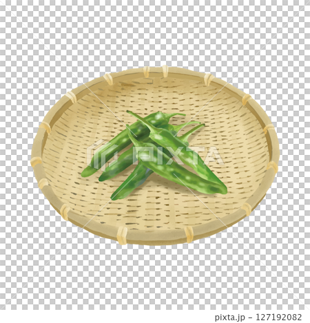 水彩風　竹ザルの上の新鮮なししとう　日本の野菜 127192082
