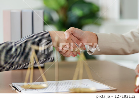 Lawyer handshake between attorney and client in professional law firm office 127192112