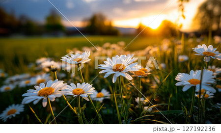 Close-up of daisies blooming in a field during sunset with soft warm light Close-up of daisies blooming in a field during sunset with soft warm light 127192236