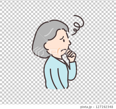 Illustration of an elderly woman looking to the side with an anxious expression 127192348
