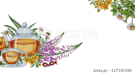 Herbal tea banner with wildflowers and teapot 127192390