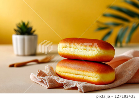 In soft daylight, cozy Twinkies rest on pastel yellow, clean food photography style 127192435