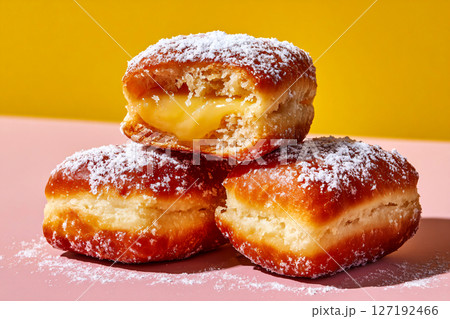 Beignet tempts in a sunny corner, pastel yellow backdrop, soft daylight, clean photo style Beignet tempts in a sunny corner, pastel yellow backdrop, soft daylight, clean photo style 127192466