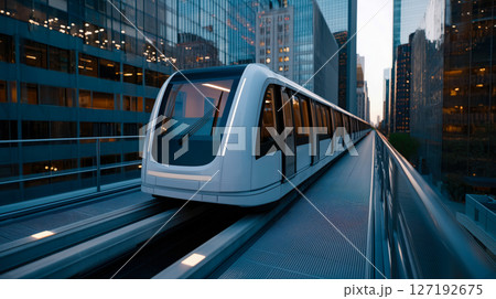 Sleek magnetic monorail train gliding on an elevated track through a modern glass cityscape 127192675