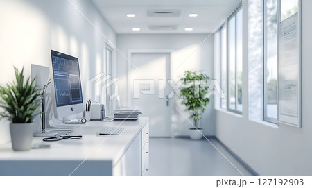 3D render: modern medical office with PC and stethoscope, bright lighting 127192903