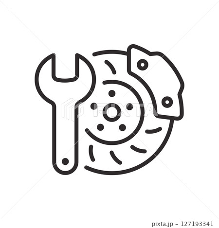 Car brake disc with wrench icon. Vector illustration. Editable stroke. Car brake disc with wrench icon. Vector illustration. Editable stroke. 127193341