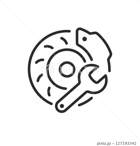 Car brake repair icon. Symbol of maintenance service. Vector illustration. Editable stroke. 127193342