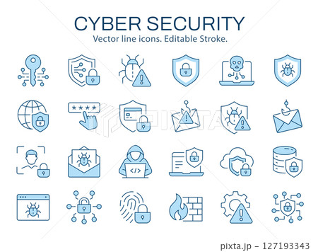 Cyber security icons, such as shield, lock, safety, safe and more. Vector illustration isolated on white. Editable stroke. Change to any size and any color. 127193343