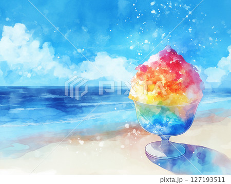 南国の海とかき氷の水彩風イラスト　AI画像 127193511