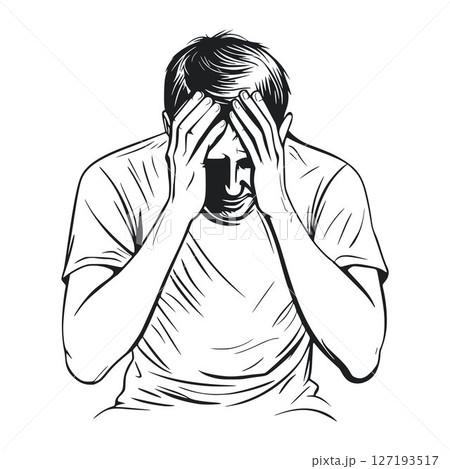 Upset and depressed man holding head black silhouette on white background 127193517